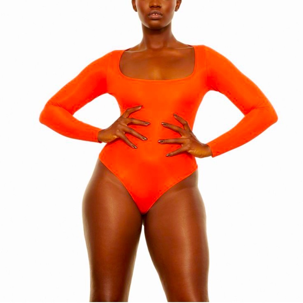 SKIMS Jelly Sheer Bodysuit Long Sleeve Thong Back Poppy XS NEW